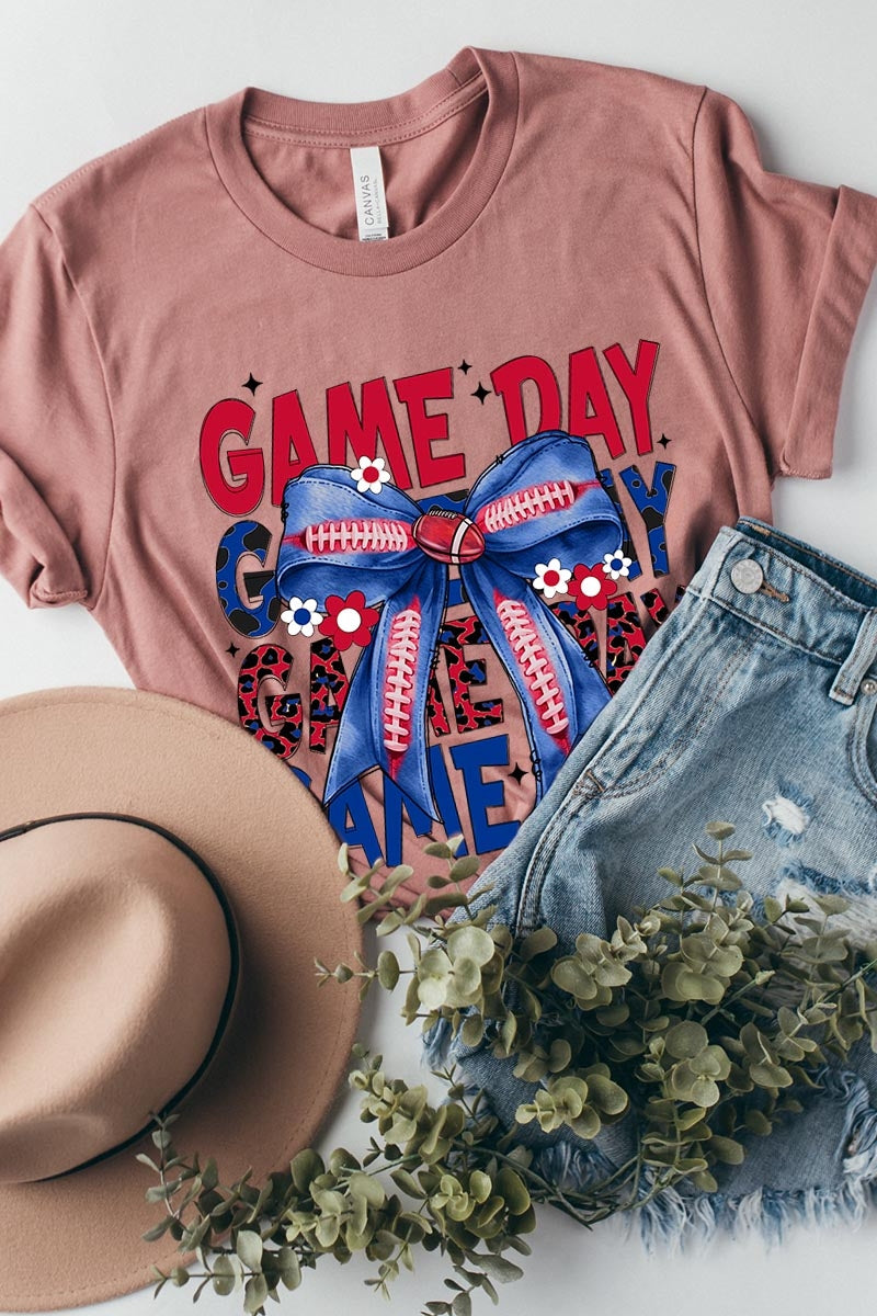 US3001P-E3087 Red Blue Football Game Day Bow Graphic Plus Tee $16