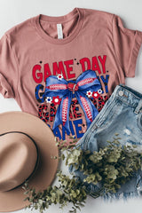 US3001-E3087 Red Blue Football Game Day Bow Graphic Tee $12.5