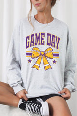 UL240P-E3063 Purple Game Day Football Bow Plus Long Sleeve Tee $17