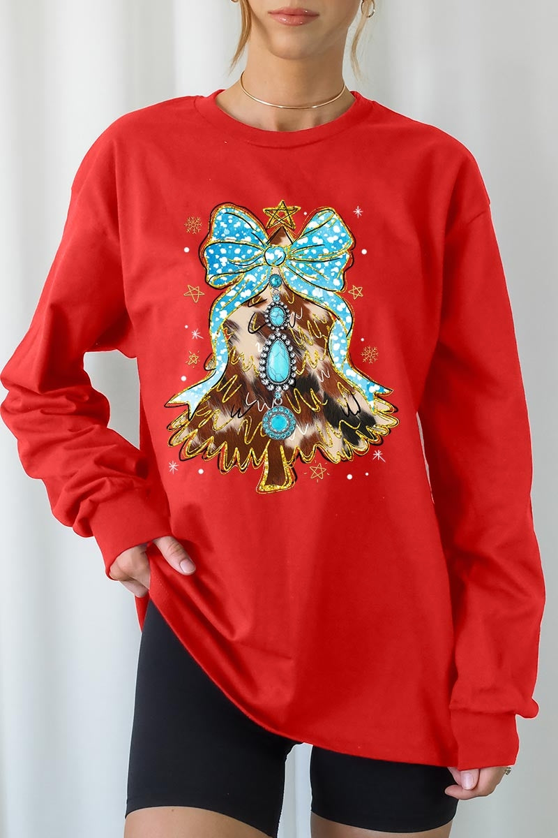 UL240P-E3184 Turquoise Christmas Tree Graphic Plus Long Sleeve Tee $17