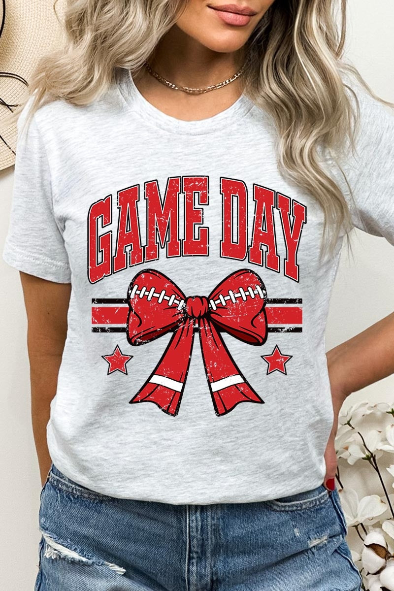 US3001-E3062 Red Game Day Football Bow Graphic Tee $12.5