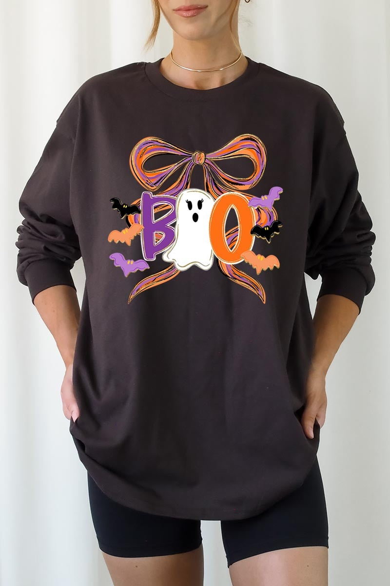 UL240-E3120 Boo Brushstroke Bow Graphic Long Sleeve Tee $13.75