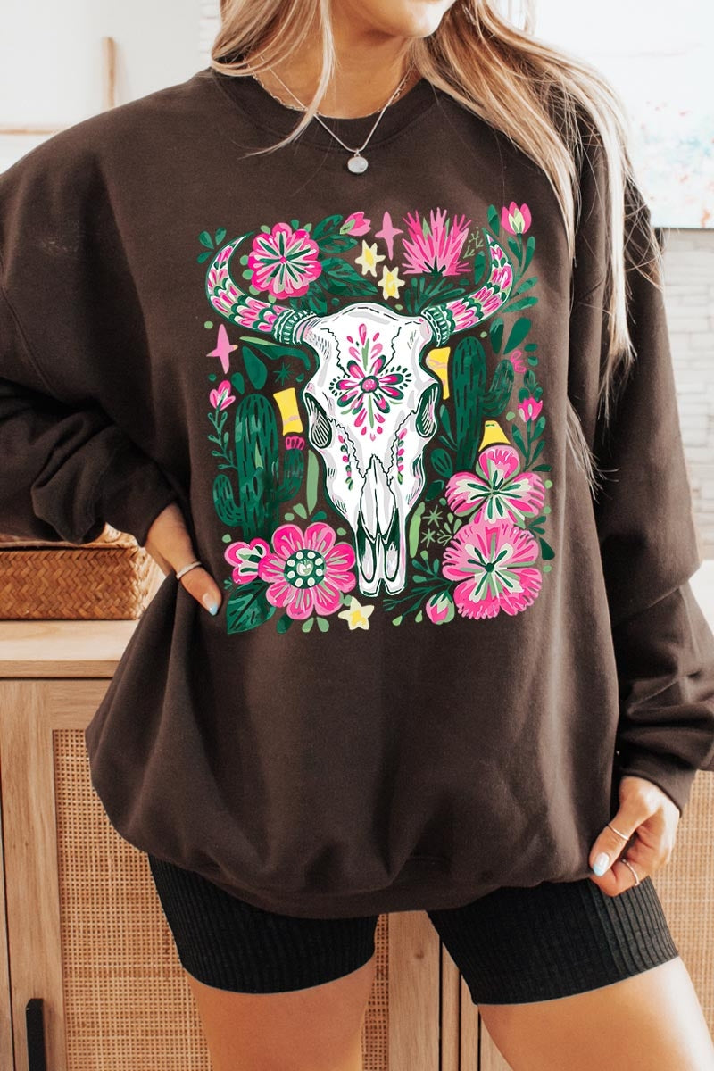 UL180-E3086 Western Floral Cow Skull Graphic Sweatshirt $20