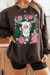 UL180P-E3086 Western Floral Cow Skull Graphic Plus Sweatshirt $25