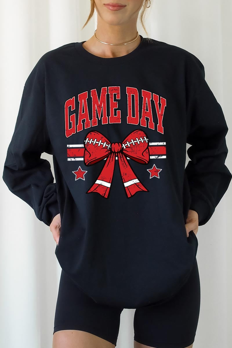 UL240-E3062 Red Game Day Football Bow Graphic Long Sleeve Tee $13.75