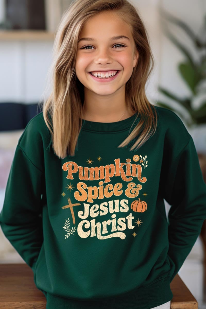 UL180B-E3164Z Pumpkin Spice & Jesus Kids Graphic Sweatshirt $20