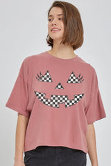 CTS-E3149 Checker Pumpkin Face Graphic Relaxed Crop Top $11
