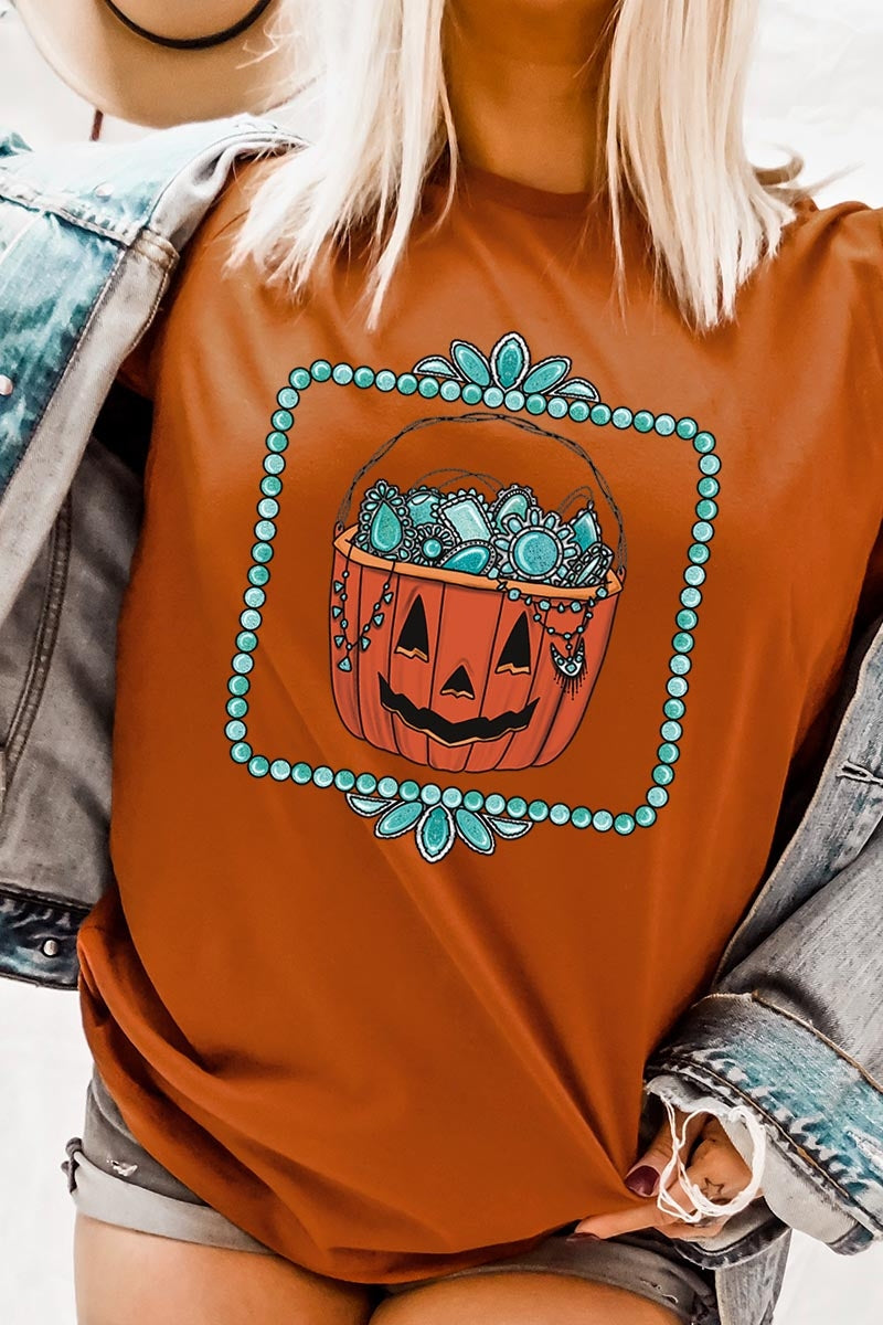 US3001-E3140 Halloween turquoise pumpkin Graphic Tee $12.5