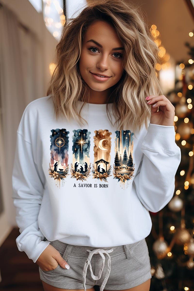 UL180-E3204 Savior Is Born Nativity Graphic Sweatshirt $20