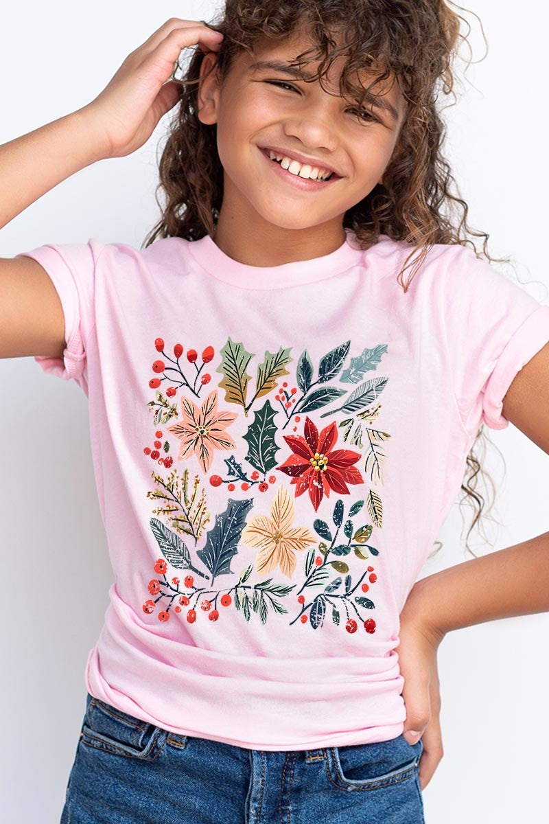 US3001Y-E3186Z Floral Christmas Kids Graphic Tee $11