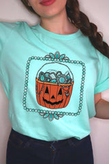 US3001-E3140 Halloween turquoise pumpkin Graphic Tee $12.5