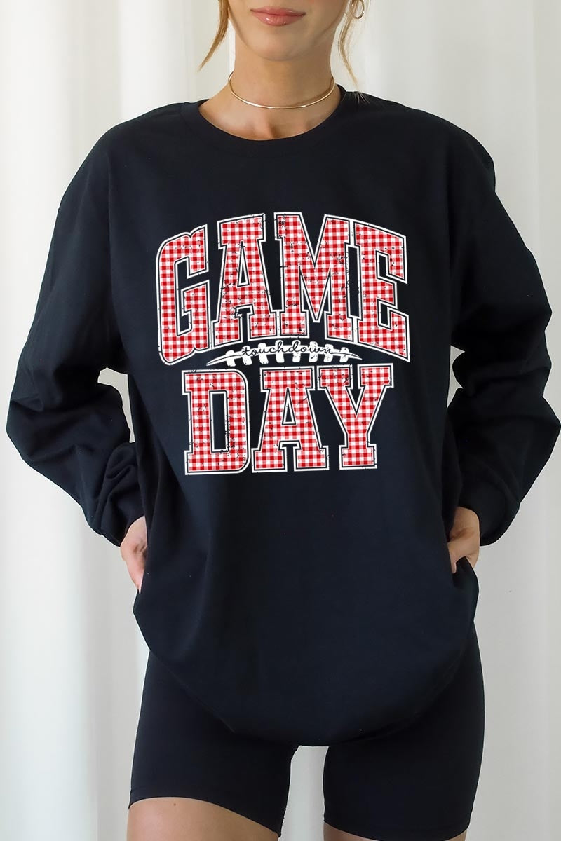 UL240-E3126 Red Gingham Game Day Graphic Long Sleeve Tee $13.75