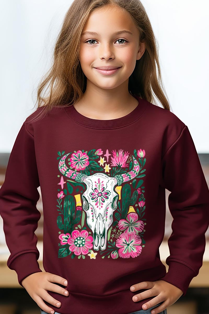 UL180B-E3086Z Western Floral Cow Skull Kids Graphic Sweatshirt $20