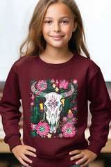 UL180B-E3086Z Western Floral Cow Skull Kids Graphic Sweatshirt $20