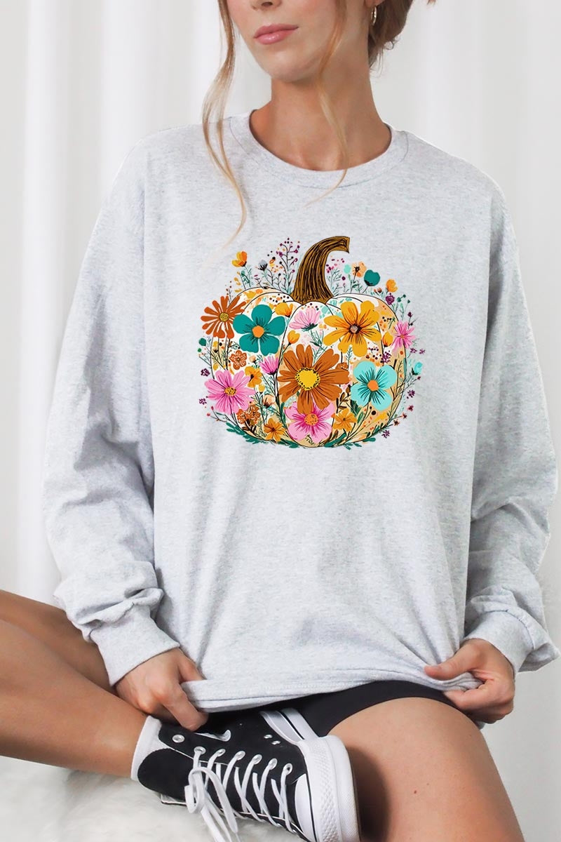 UL240-E3118 Floral Pumpkin Graphic Long Sleeve Tee $13.75