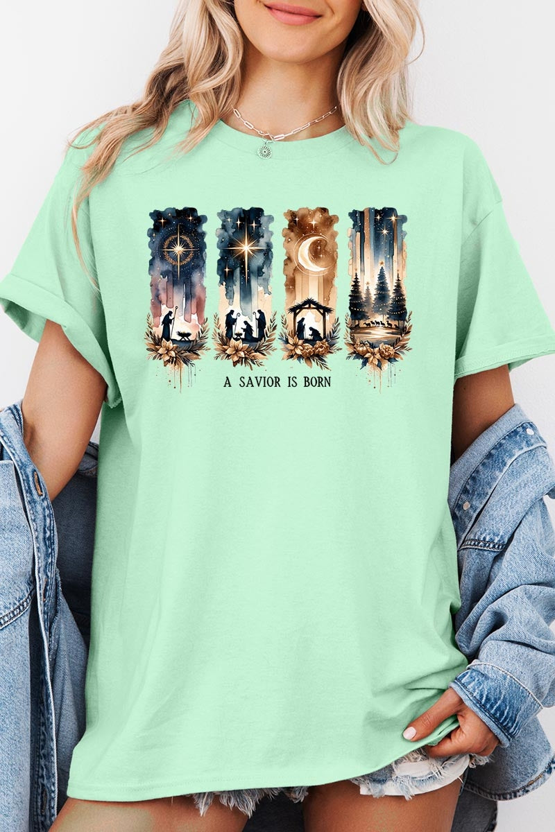 5000-E3204 Savior Is Born Nativity Graphic Heavy Cotton Tee $9