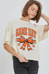 CTS-E3064 Orange Game Day Football Bow Graphic Crop Top $11