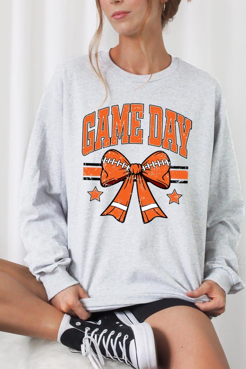 UL240-E3064 Orange Game Day Football Bow Long Sleeve Tee $13.75