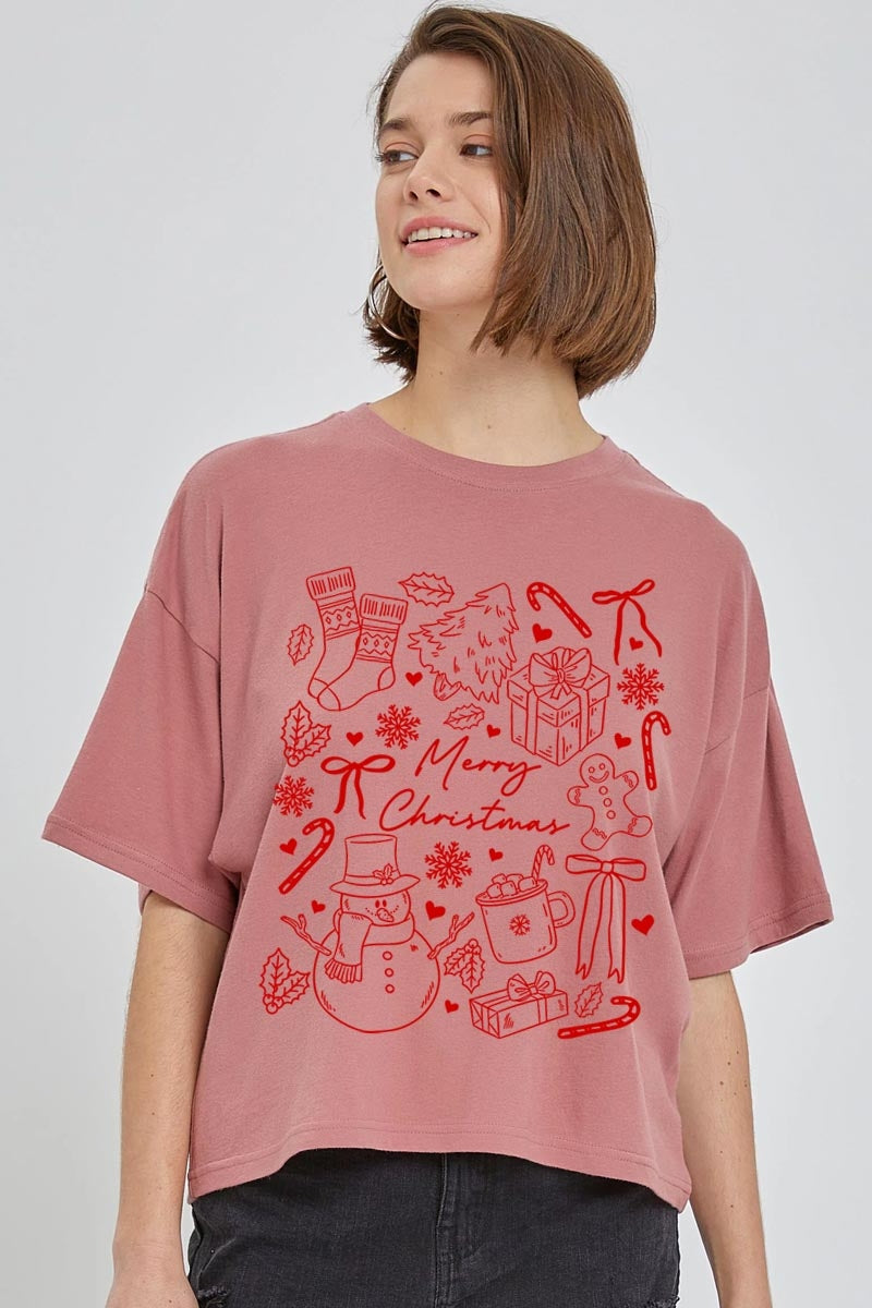 CTS-E3181 Christmas Doodle Graphic Relaxed Crop Top $11