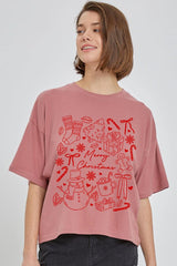 CTS-E3181 Christmas Doodle Graphic Relaxed Crop Top $11