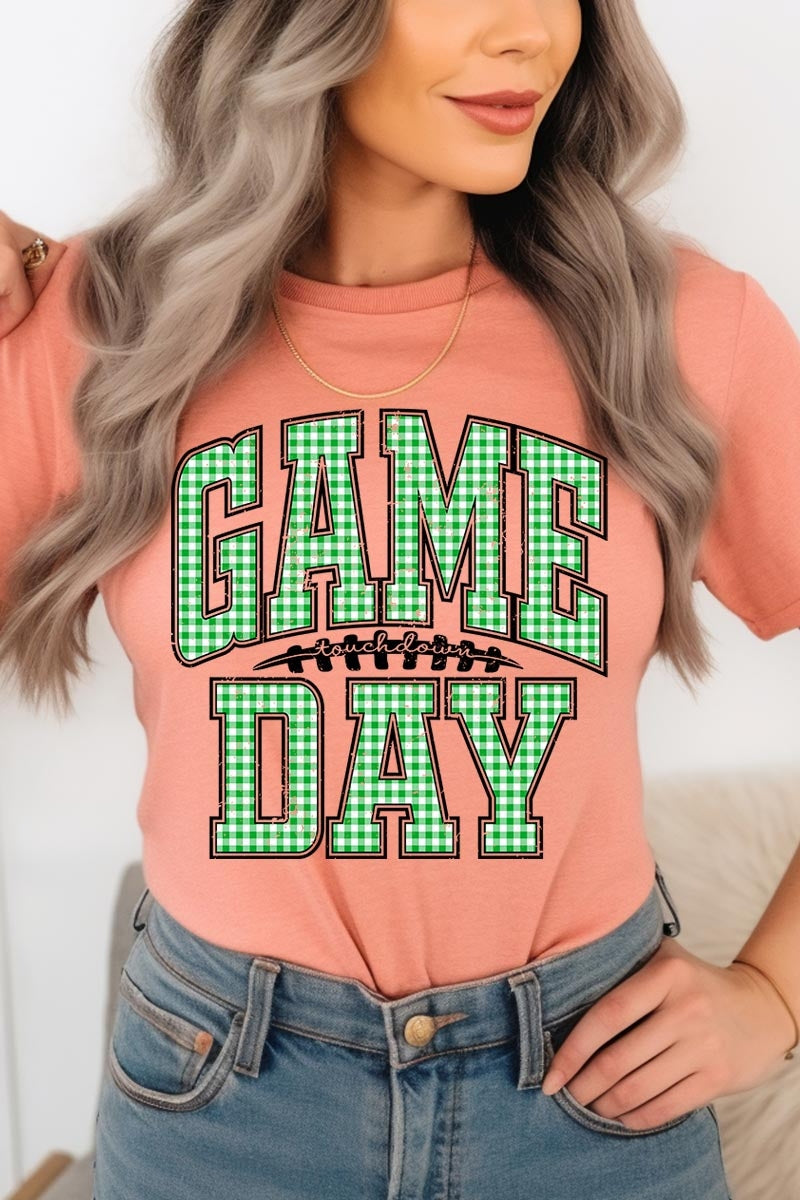 US3001P-E3128 Green Gingham Game Day Graphic Plus Tee $16