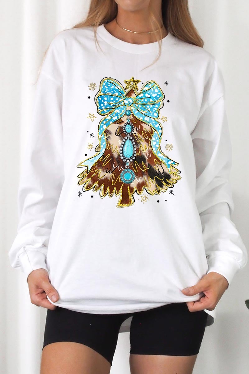 UL240-E3184 Turquoise Christmas Tree Graphic Long Sleeve Tee $13.75
