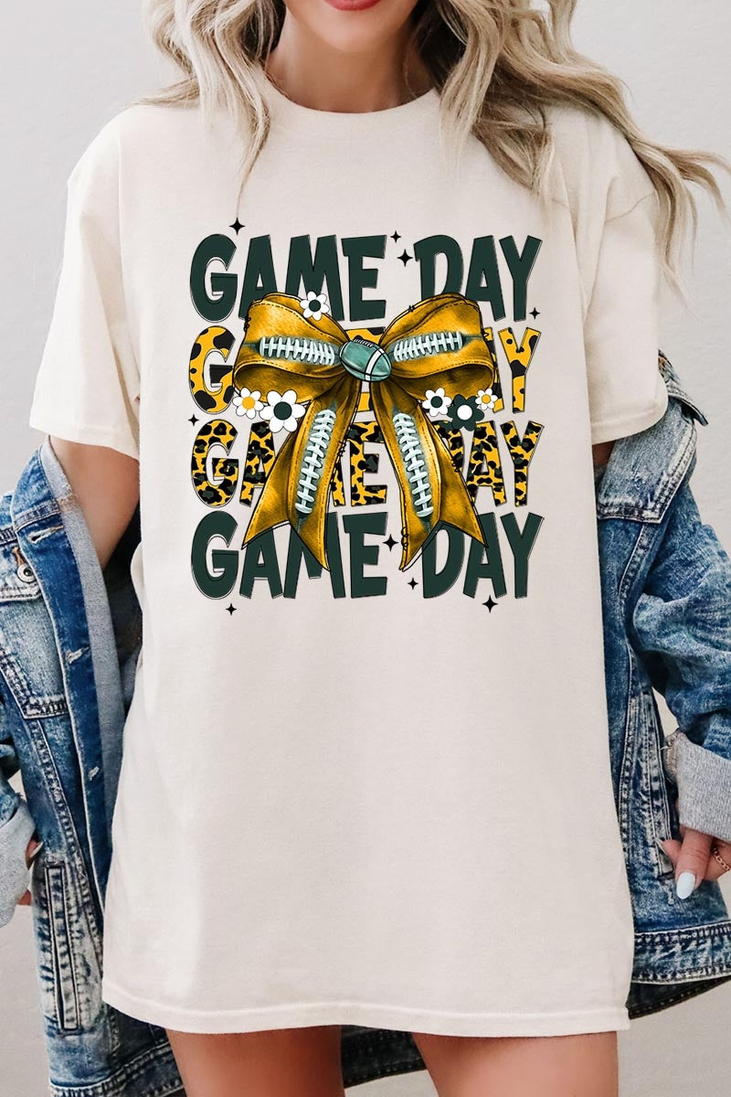 5000P-E3090 Yellow Football Game Day Bow Plus Heavy Cotton Tee $12.75