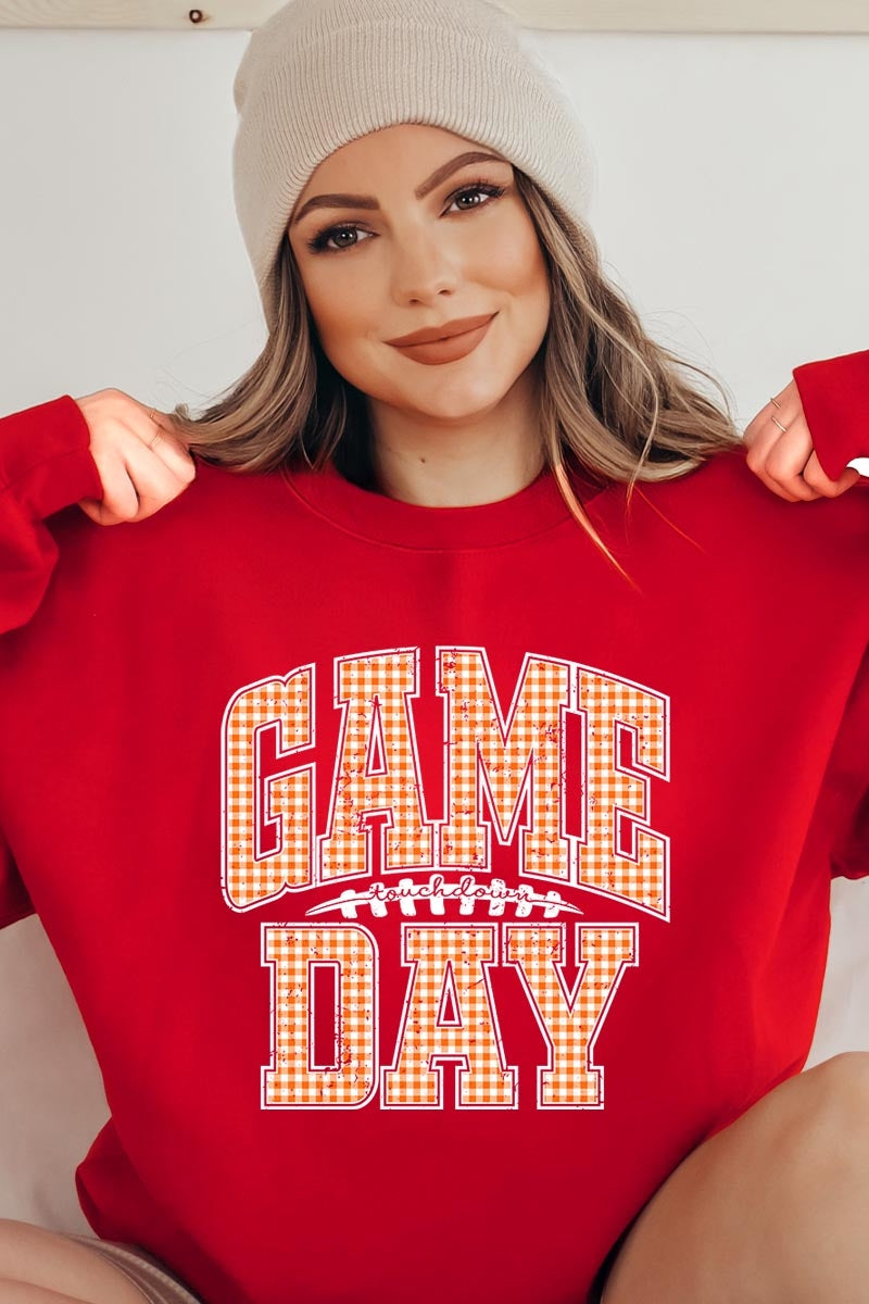 UL180P-E3129 Orange Gingham Game Day Graphic Plus Sweatshirt $25