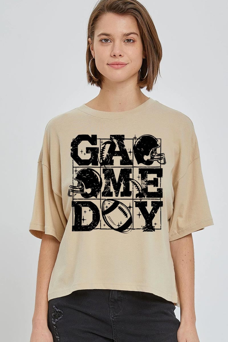 CTS-E3073 Distressed Game Day Graphic Relaxed Crop Top $11