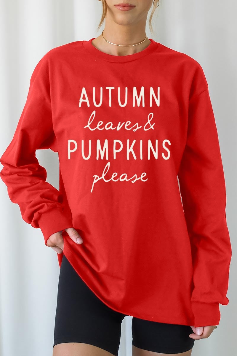 UL240-E3158 Autumn Leaves Pumpkins Graphic Long Sleeve Tee $13.75