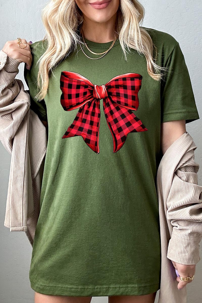 US3001-E3198 Red Buffalo Plaid Bow Graphic Tee $12.5