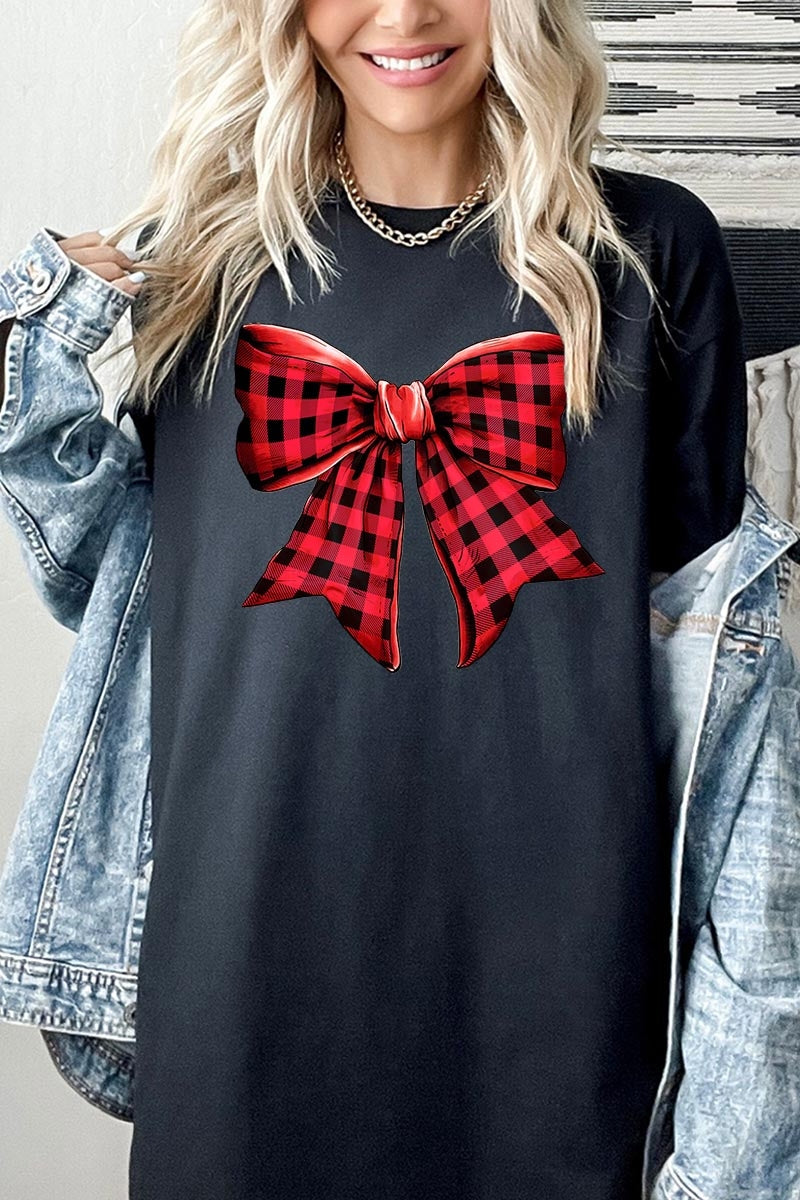5000-E3198 Red Buffalo Plaid Bow Graphic Heavy Cotton Tee $9