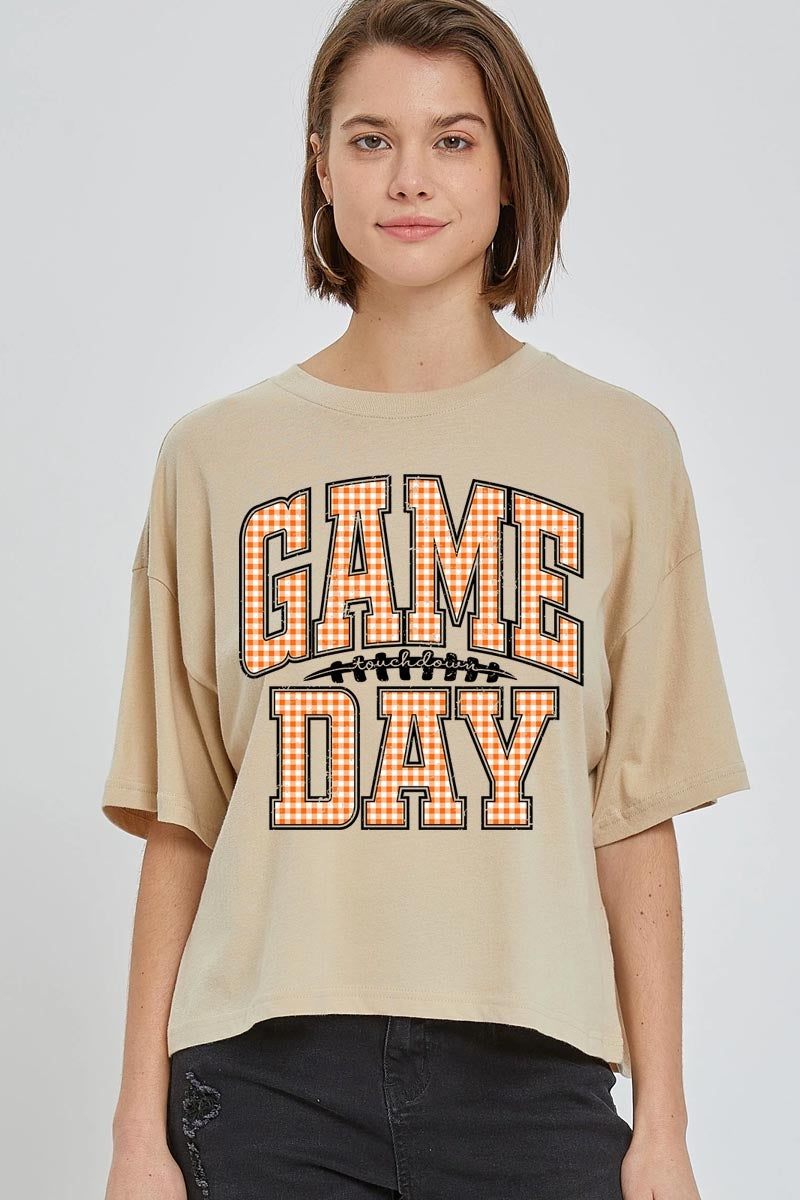 CTS-E3129 Orange Gingham Game Day Graphic Relaxed Crop Top $11
