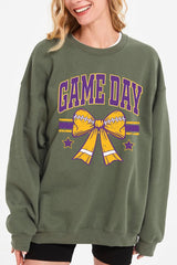 UL180-E3063 Purple Game Day Football Bow Graphic Sweatshirt $20