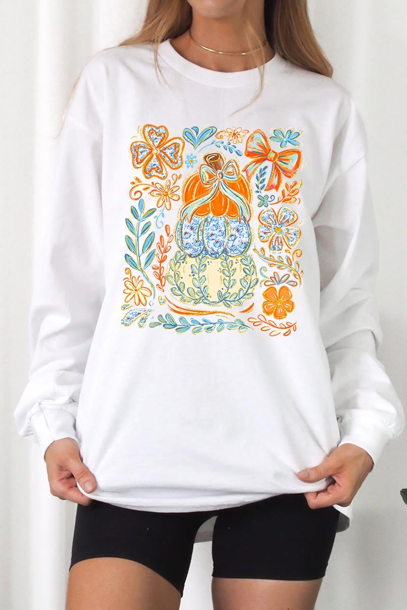 UL240P-E3153 Floral Pumpkin Stack Graphic Plus Long Sleeve Tee $17
