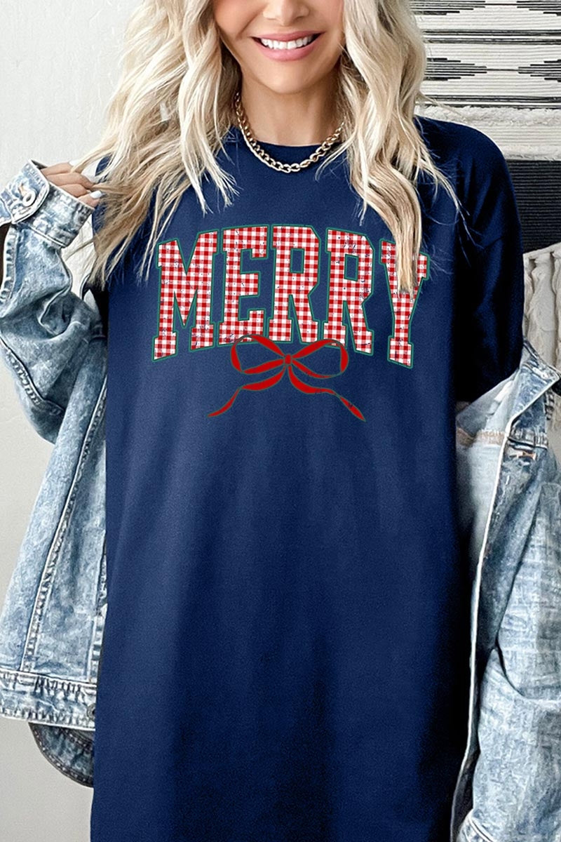 5000-E3206 Plaid Merry Christmas Bow Graphic Heavy Cotton Tee $9