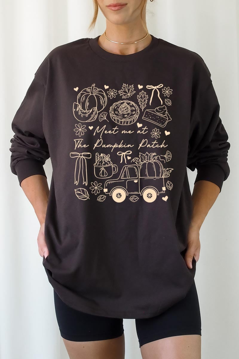 UL240P-E3163 Pumpkin Patch Doodle Graphic Plus Long Sleeve Tee $17