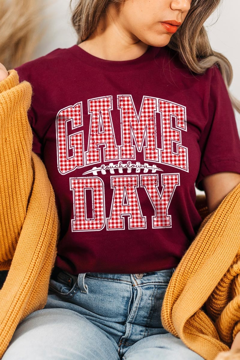US3001-E3126 Red Gingham Game Day Graphic Tee $12.5