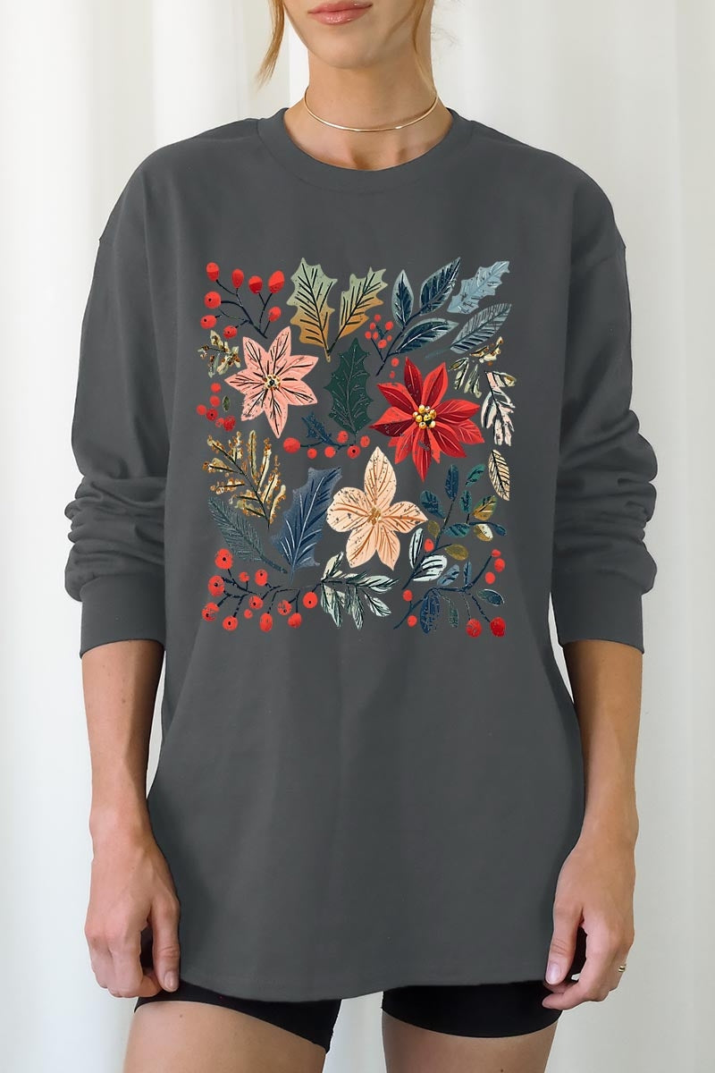 UL240-E3186 Floral Christmas Graphic Long Sleeve Tee $13.75