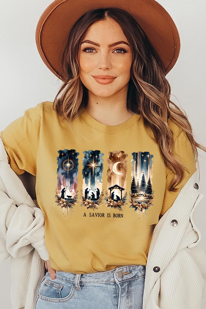 US3001P-E3204 Savior Is Born Nativity Graphic Plus Tee $16