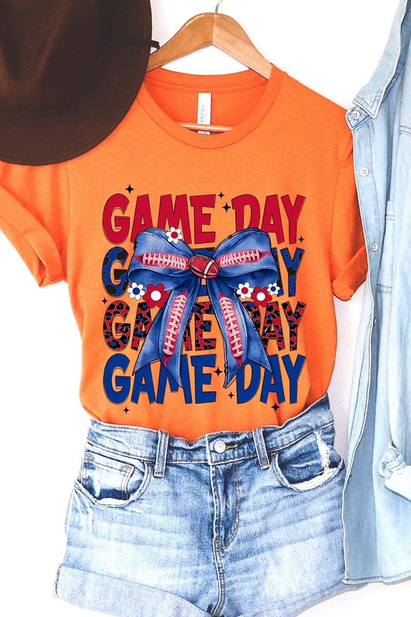 US3001P-E3087 Red Blue Football Game Day Bow Graphic Plus Tee $16
