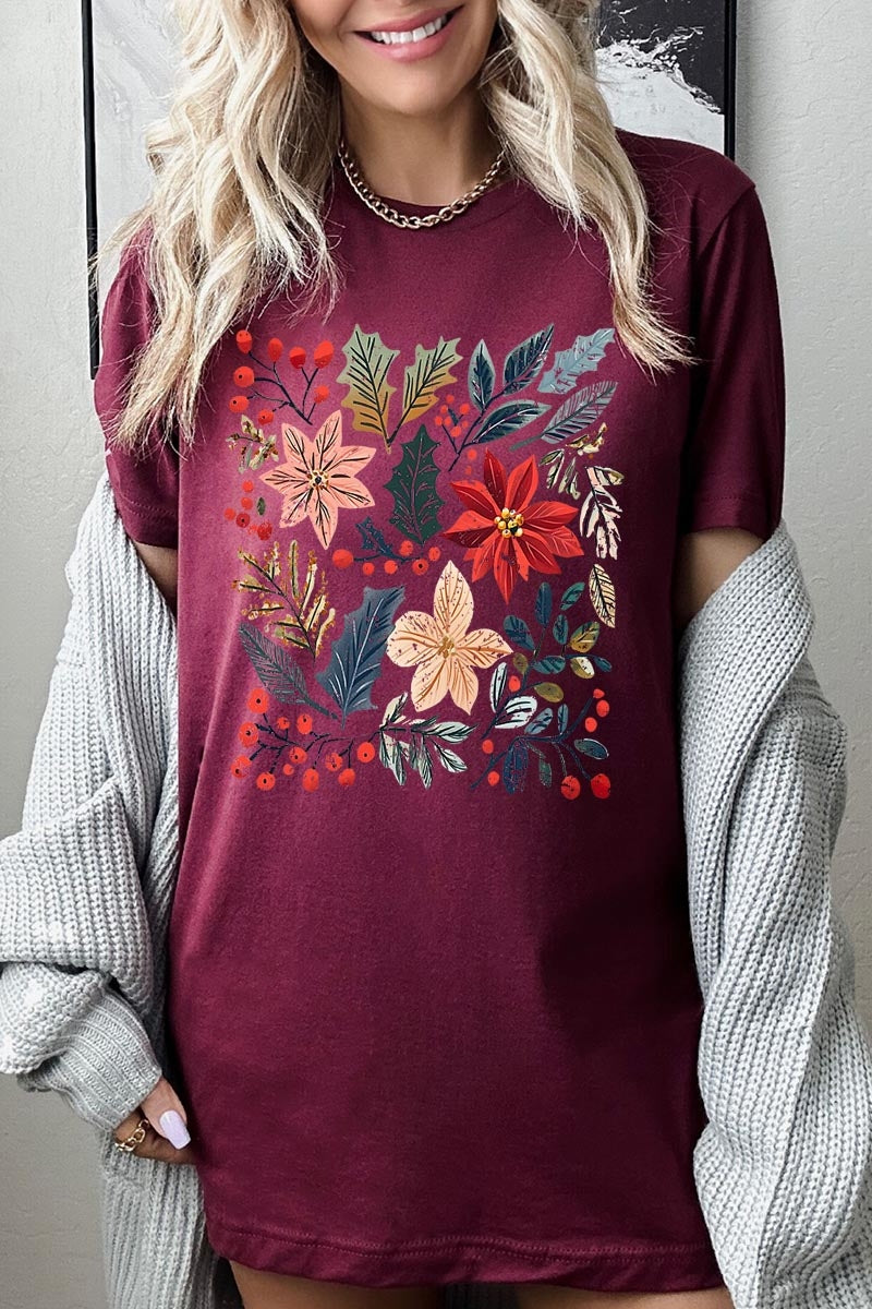 US3001P-E3186 Floral Christmas Graphic Plus Tee $16