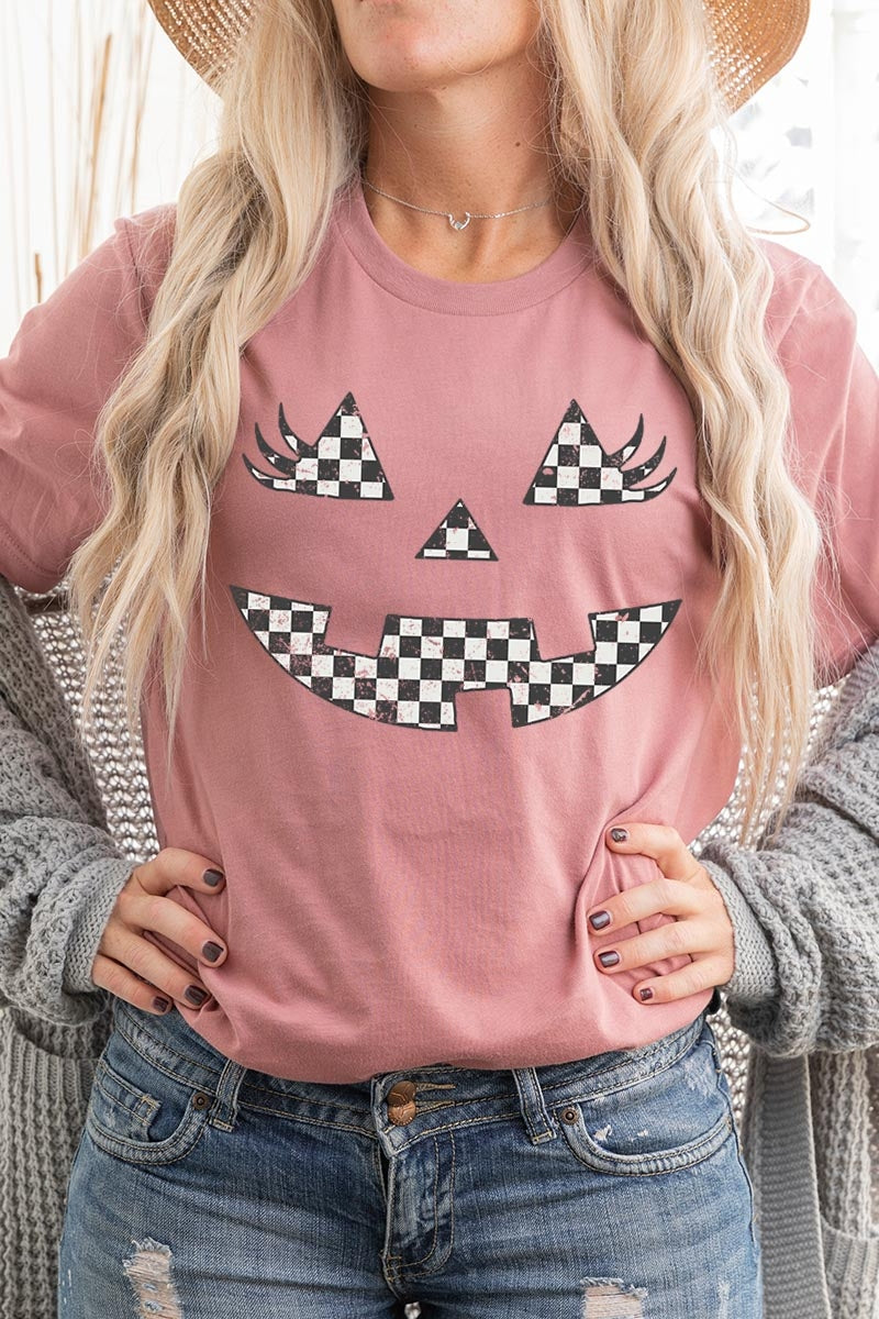 US3001-E3149 Checker Pumpkin Face Graphic Tee $12.5
