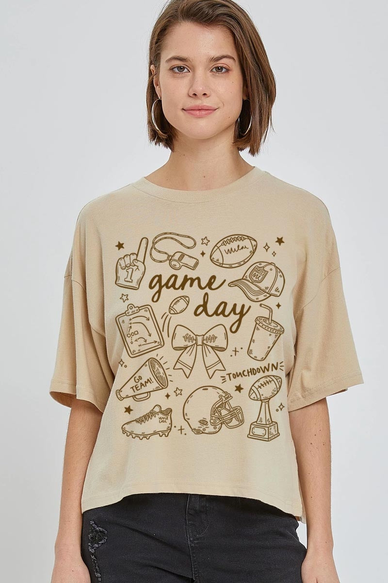 CTS-E3081 Football Doodles Graphic Relaxed Crop Top $11