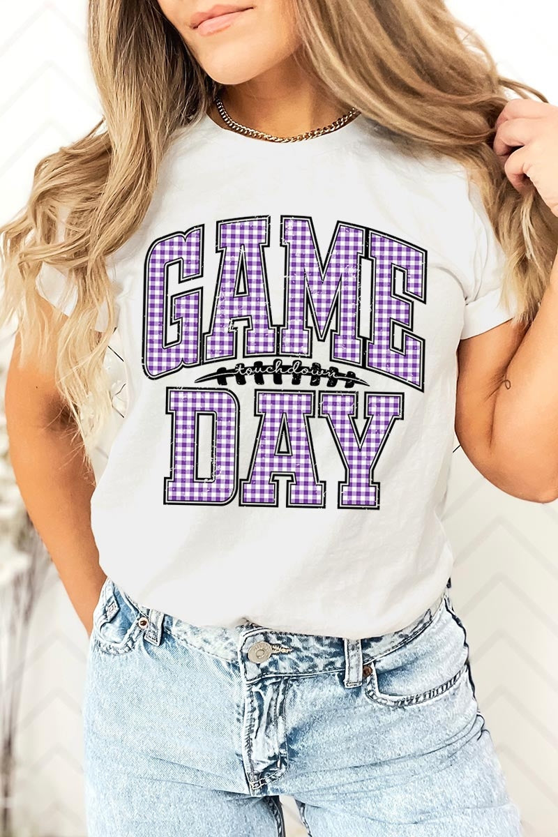 US3001-E3127 Purple Gingham Game Day Graphic Tee $12.5