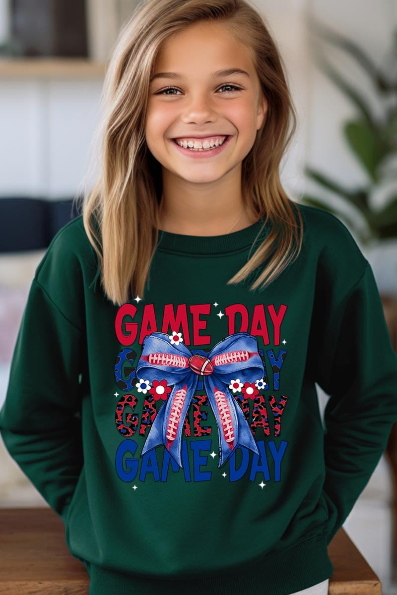 UL180B-E3087Z Red Blue Football Game Day Bow Kids Sweatshirt $20