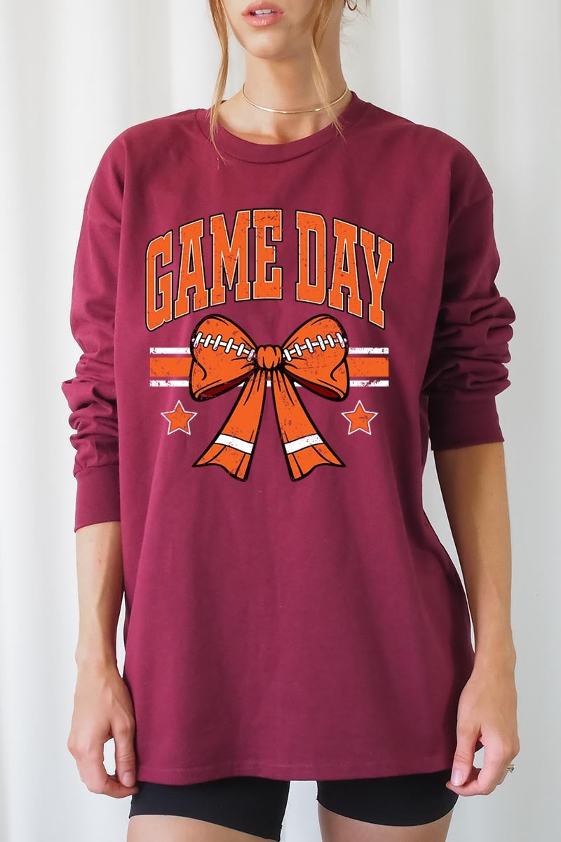 UL240-E3064 Orange Game Day Football Bow Long Sleeve Tee $13.75