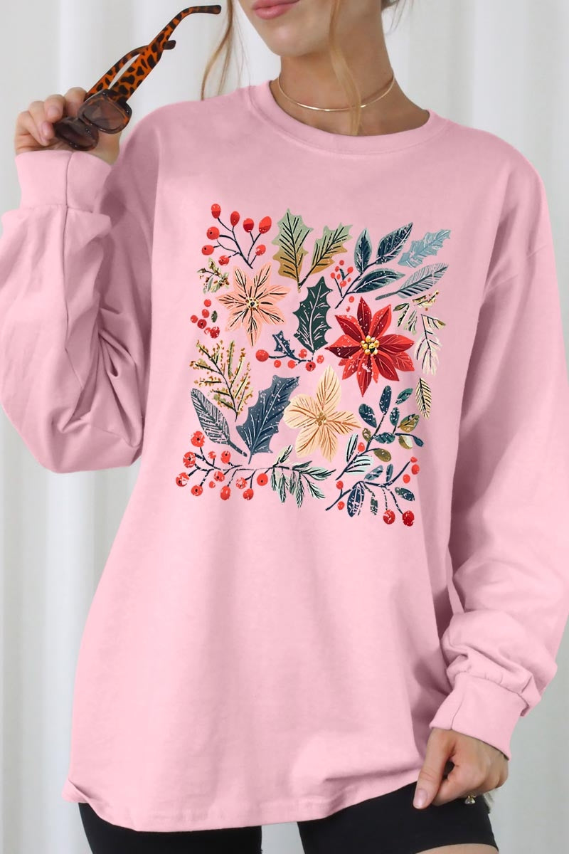 UL240-E3186 Floral Christmas Graphic Long Sleeve Tee $13.75