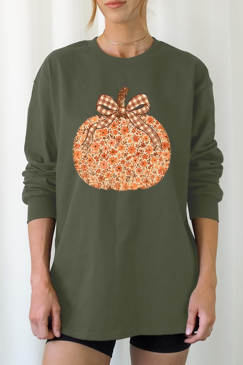 UL240-E3135 Floral Fall Pumpkin Graphic Long Sleeve Tee $13.75
