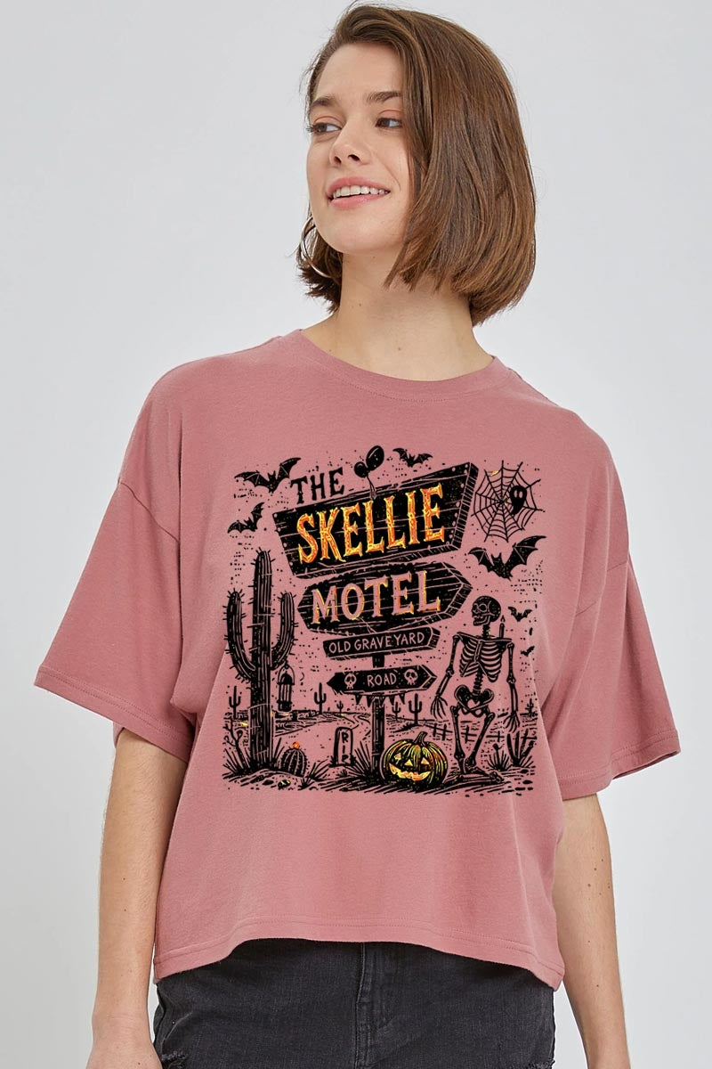 CTS-E3108 Skellie Motel Halloween Graphic Relaxed Crop Top $11